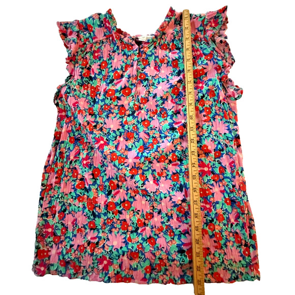 Women's Flutter Sleeve Ruffle Neck Top by LOFT Small Colorful Floral Light Airy - Picture 5 of 6